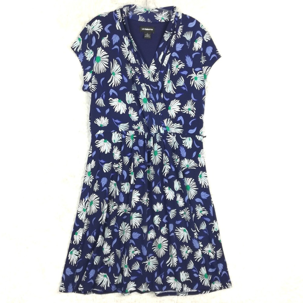 Liz Claiborne Womens Dress Faux Wrap Navy Blue Floral Print Knee Length L New